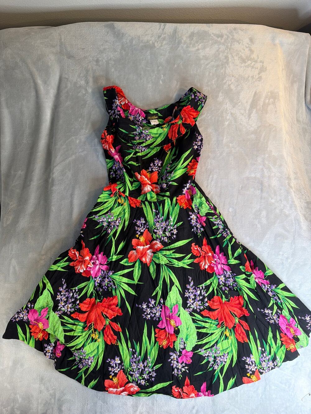 Vtg A.S. Elliot Dress 14 Made in USA Black Red Tropical Floral Tiki Rockabilly L